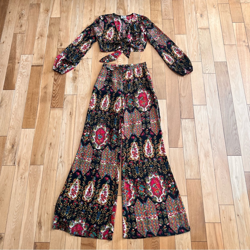 Show Me Your Mumu Eli Long Sleeve Tie Front Top And Wide Leg Pants Set Size XS/S
